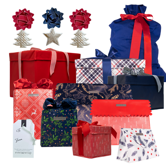 Large Bundle - Reusable Gift Wrap Sampler Pack in Red, Blue, and White (Reusable Gift Wrap Bags – Sustainable, Foldable, Eco-Friendly)