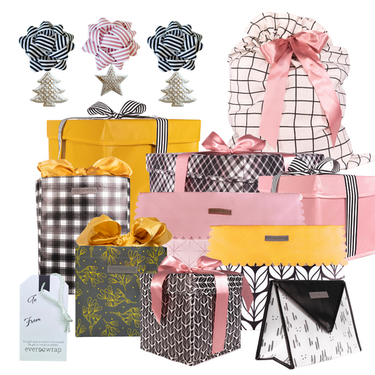 Large Bundle - Reusable Gift Wrap Sampler Pack in Pink, Gold, and Black (Reusable Gift Wrap Bags – Sustainable, Foldable, Eco-Friendly)