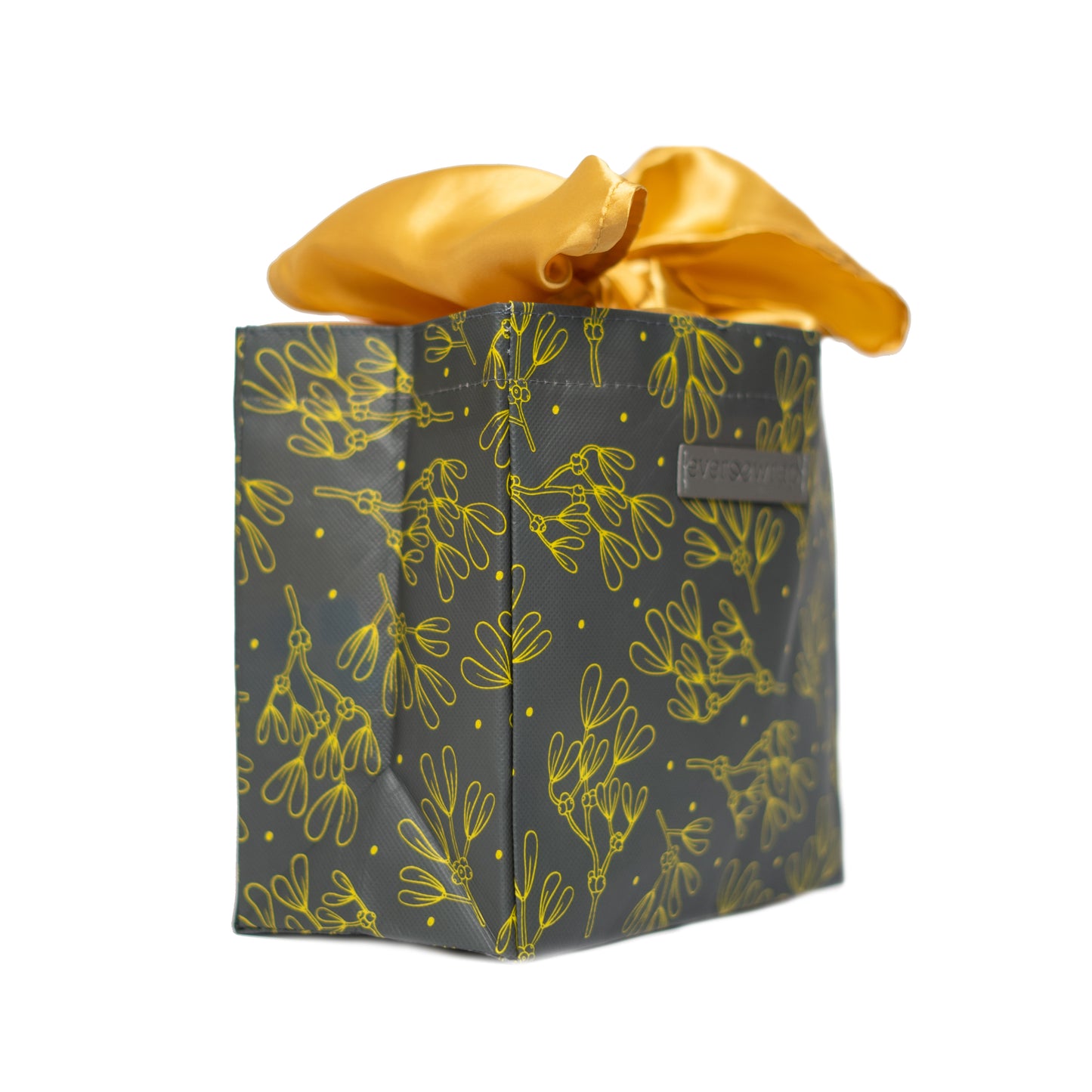 Grey and Gold Floral Print Small Reusable Gift Bag with Gold Satin Bow Collapsible Bag Heavy Duty for Zero Waste Reusability For Every Holiday - EverWrap