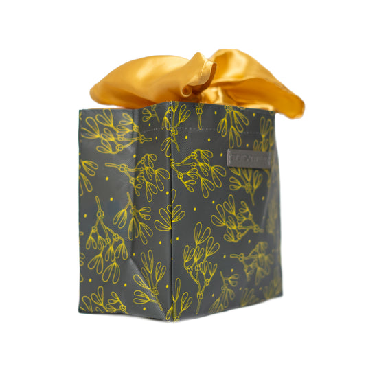 Grey and Gold Floral Print Small Reusable Gift Bag with Gold Satin Bow Collapsible Bag Heavy Duty for Zero Waste Reusability For Every Holiday - EverWrap