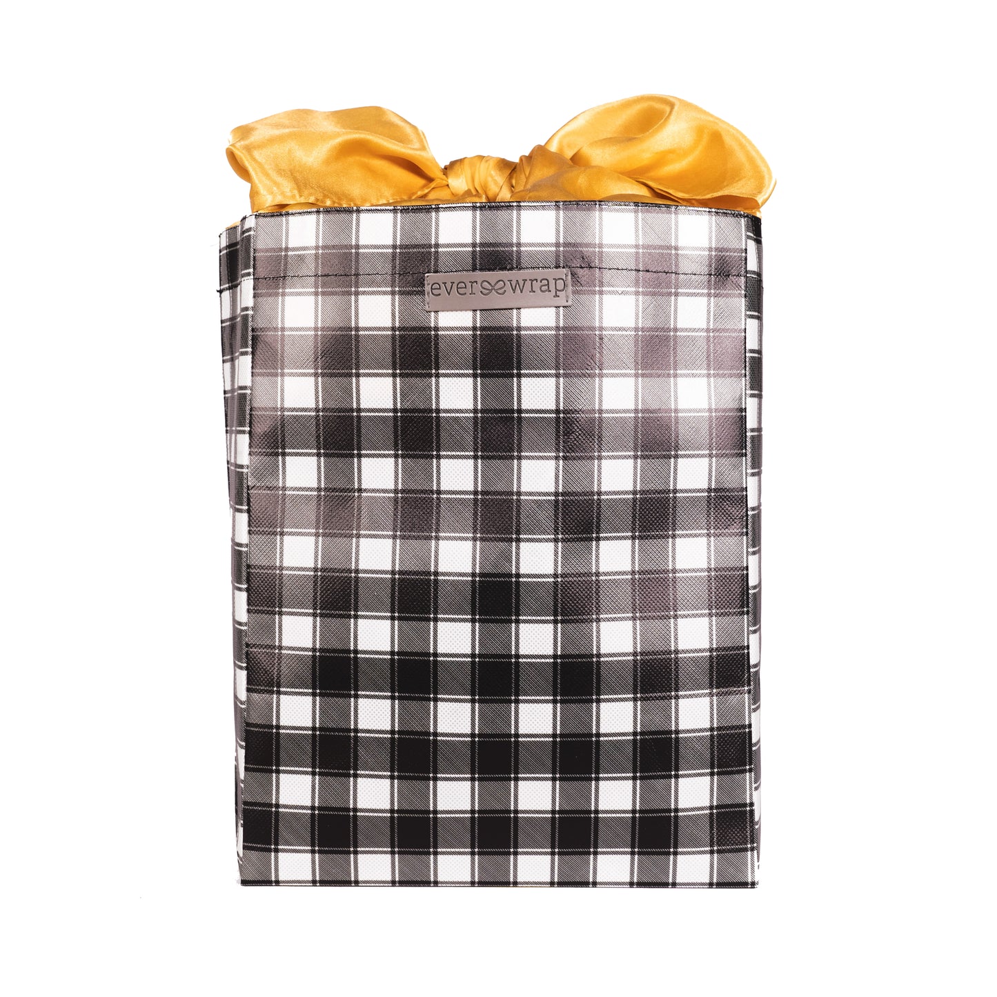 Black and White Buffalo Check with Gold Satin Bow, fold, store, and reseal with our reusable gift bag, satin closure makes for an eco-friendly gift bag - EverWrap