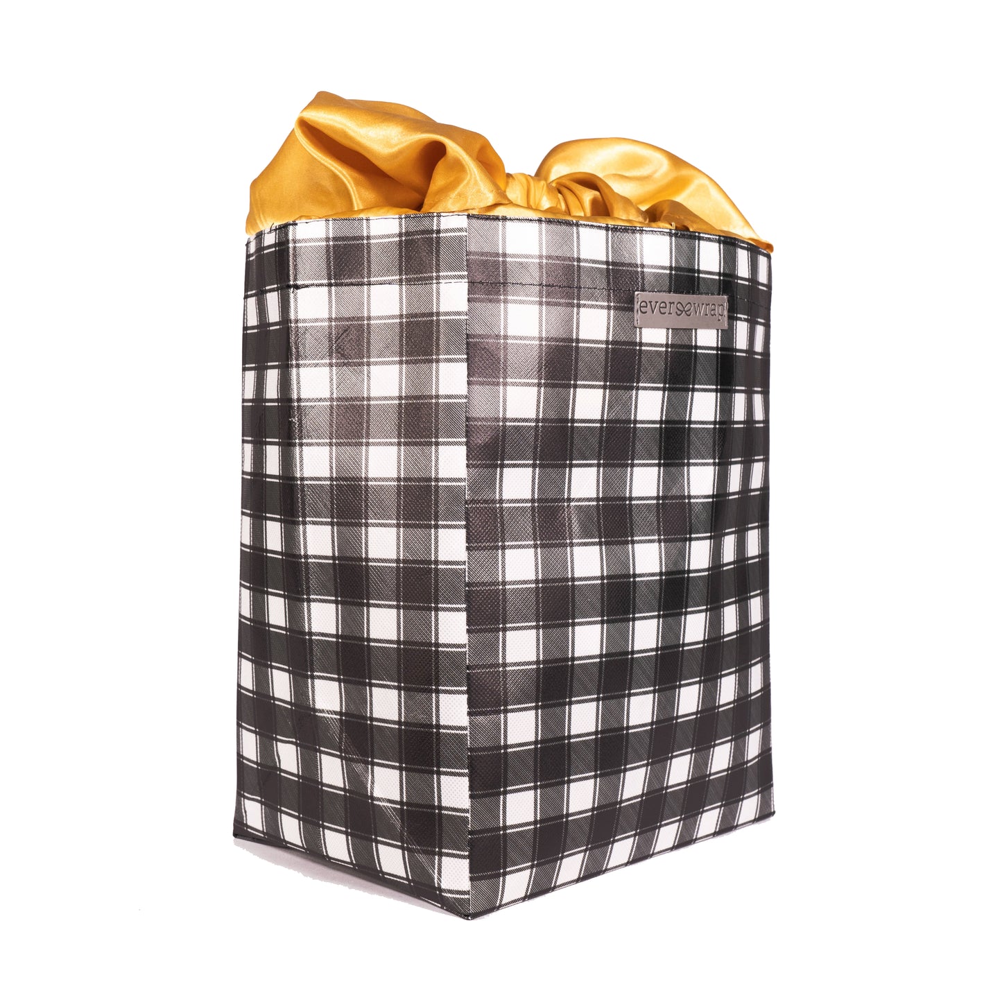 Black and White Buffalo Check with Gold Satin Bow, fold, store, and reseal with our reusable gift bag, satin closure makes for an eco-friendly gift bag - EverWrap