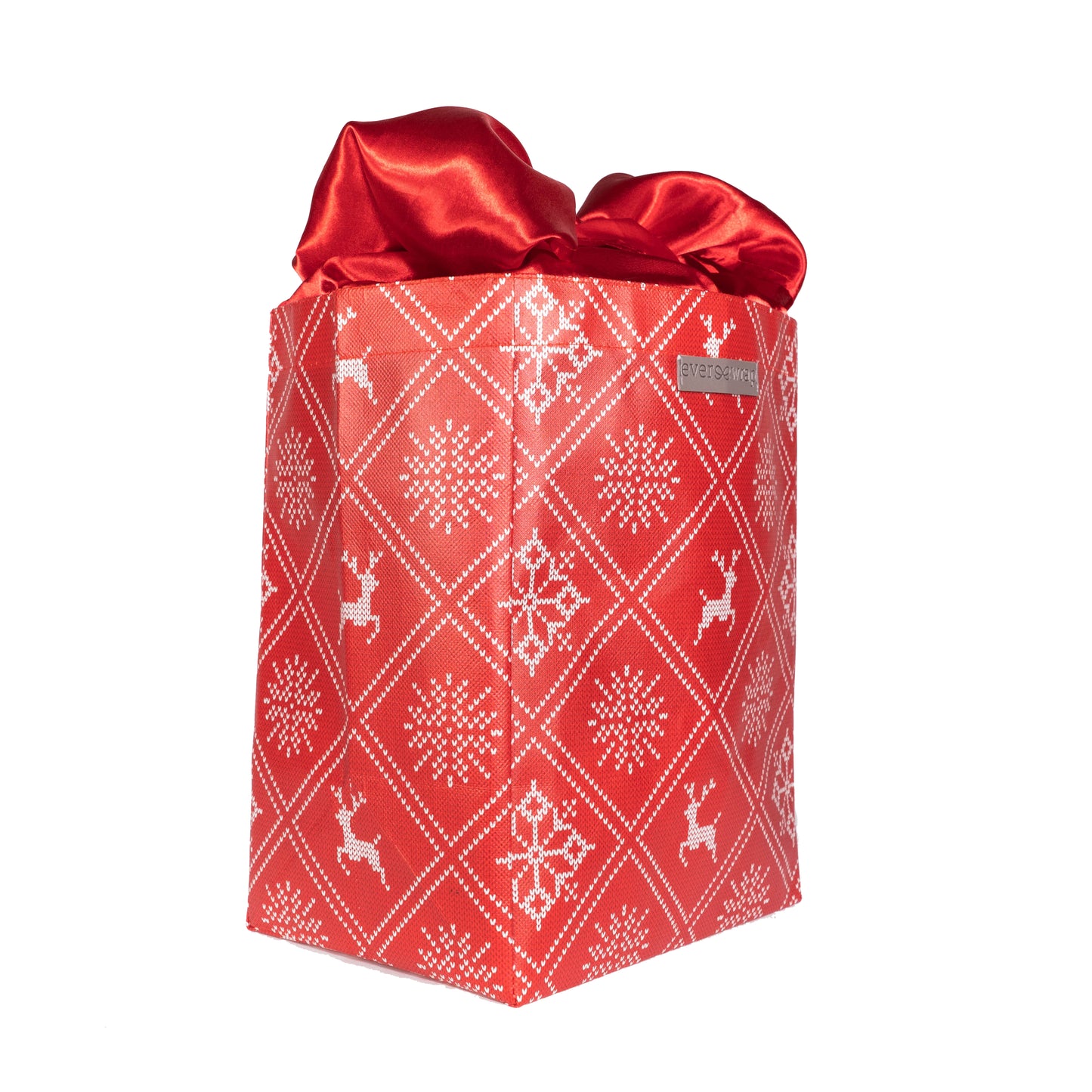 Holiday Red with Wintry Knitted Sweater Design fold, store, and reseal with our reusable gift bag, satin closure makes for an eco-friendly gift bag - EverWrap