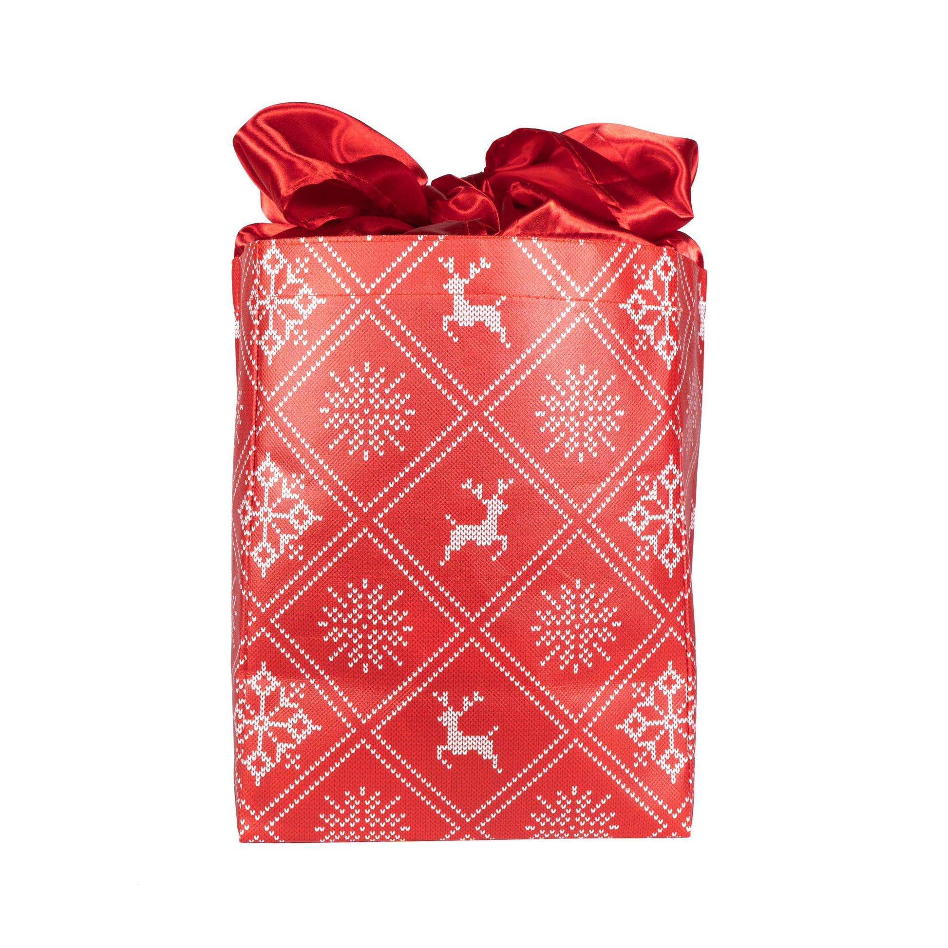 IRREGULAR - Holiday Red with Wintry Knitted Sweater Design fold, store, and reseal with our reusable gift bag, satin closure makes for an eco-friendly gift bag - EverWrap