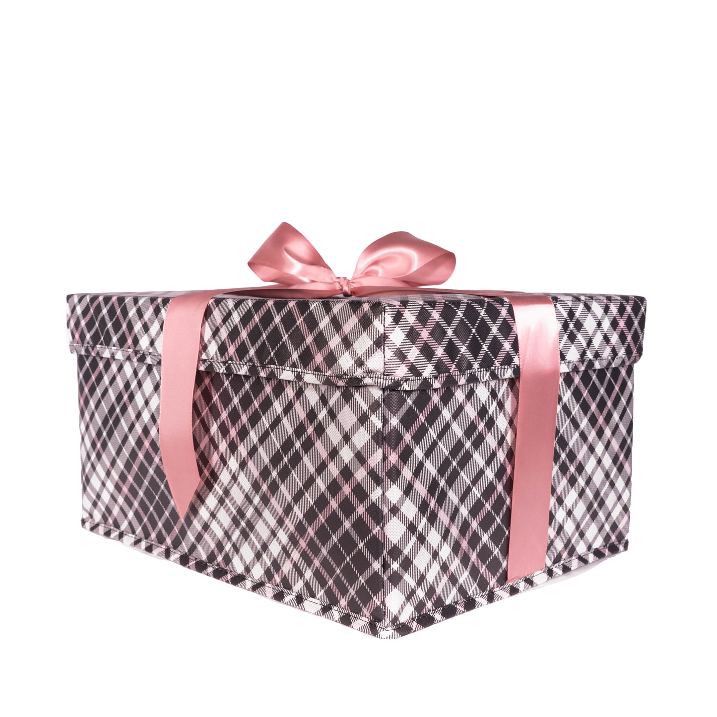 IRREGULAR - Medium Heavy-Duty Extra Strong pink and grey plaid collapsible gift box with satin ribbon attached, great zero waste solution for sustainable and eco-friendly gift boxes - EverWrap