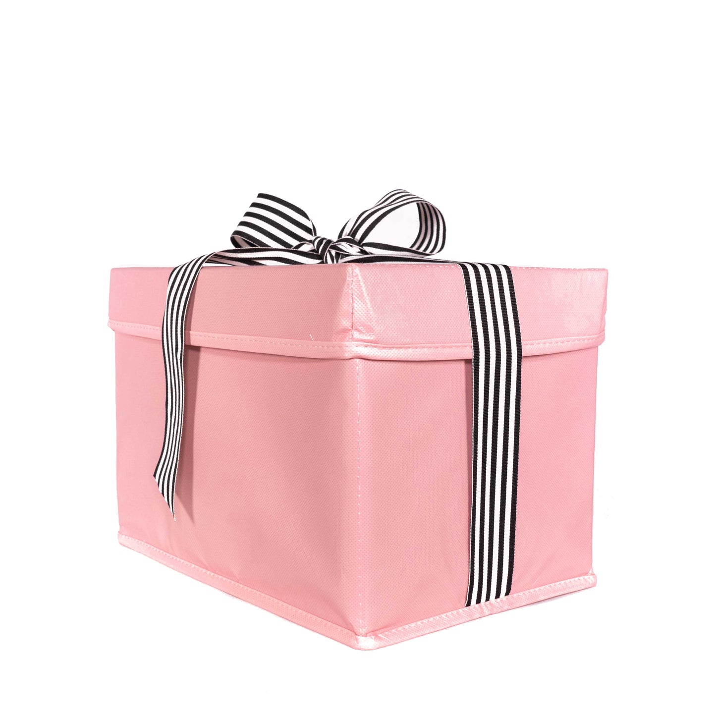 IRREGULAR - Small shoebox sized pink collapsible gift box with black and white grosgrain ribbon attached, great zero waste solution for sustainable and eco-friendly gift boxes - EverWrap