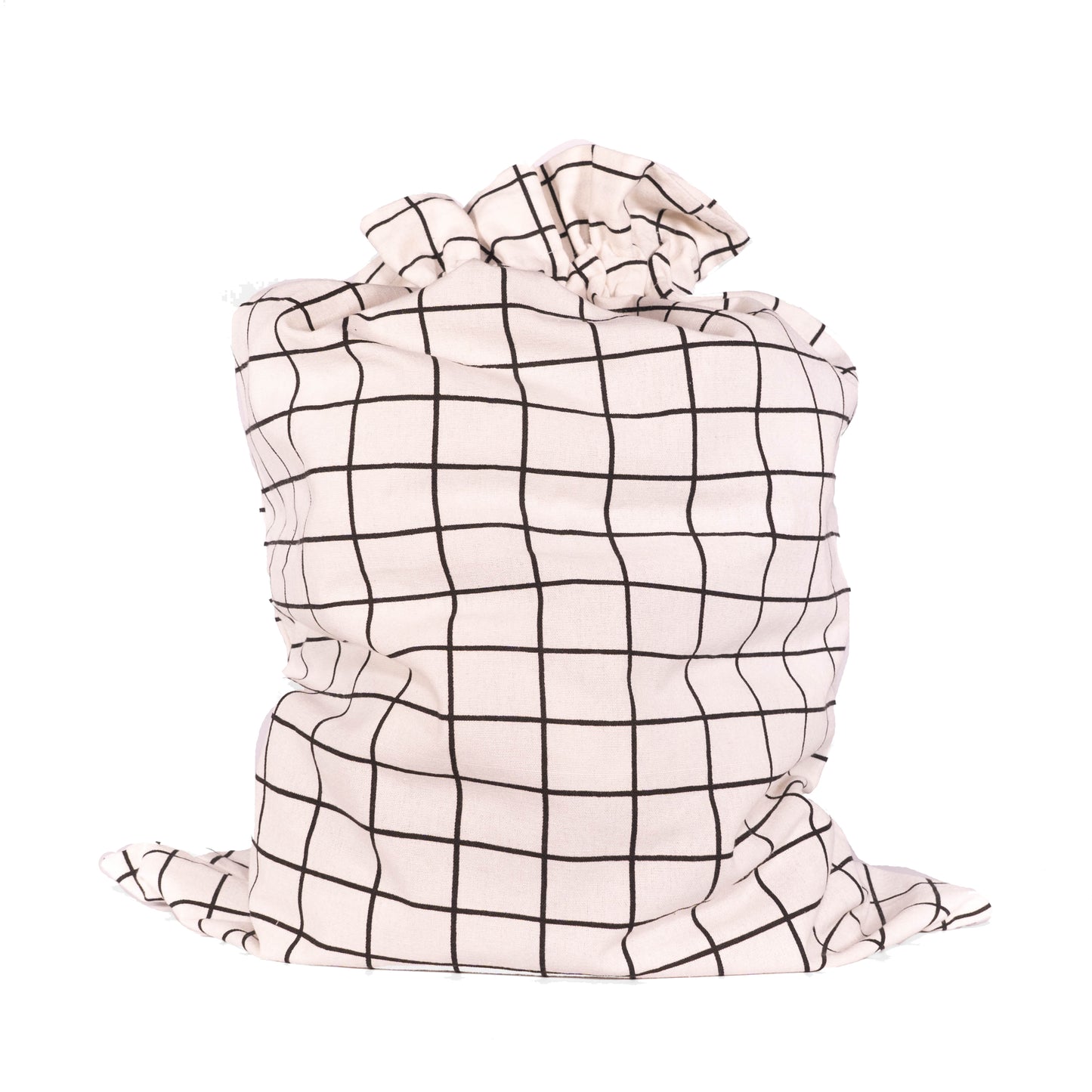 White with Black Grid Pattern Cotton Sleigh Bag 27" tall with satin closure, reusable wrapping for larger gifts - EverWrap