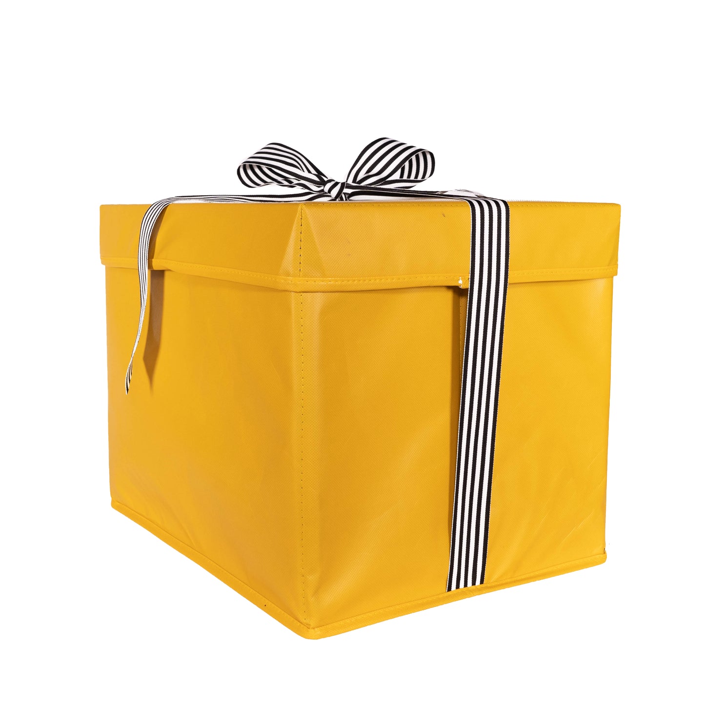 IRREGULAR - Large Yellow Heavy-Duty Extra Strong Collapsible Gift Box with black and white grosgrain ribbon attached, great zero waste solution for sustainable and eco-friendly gift boxes - EverWrap