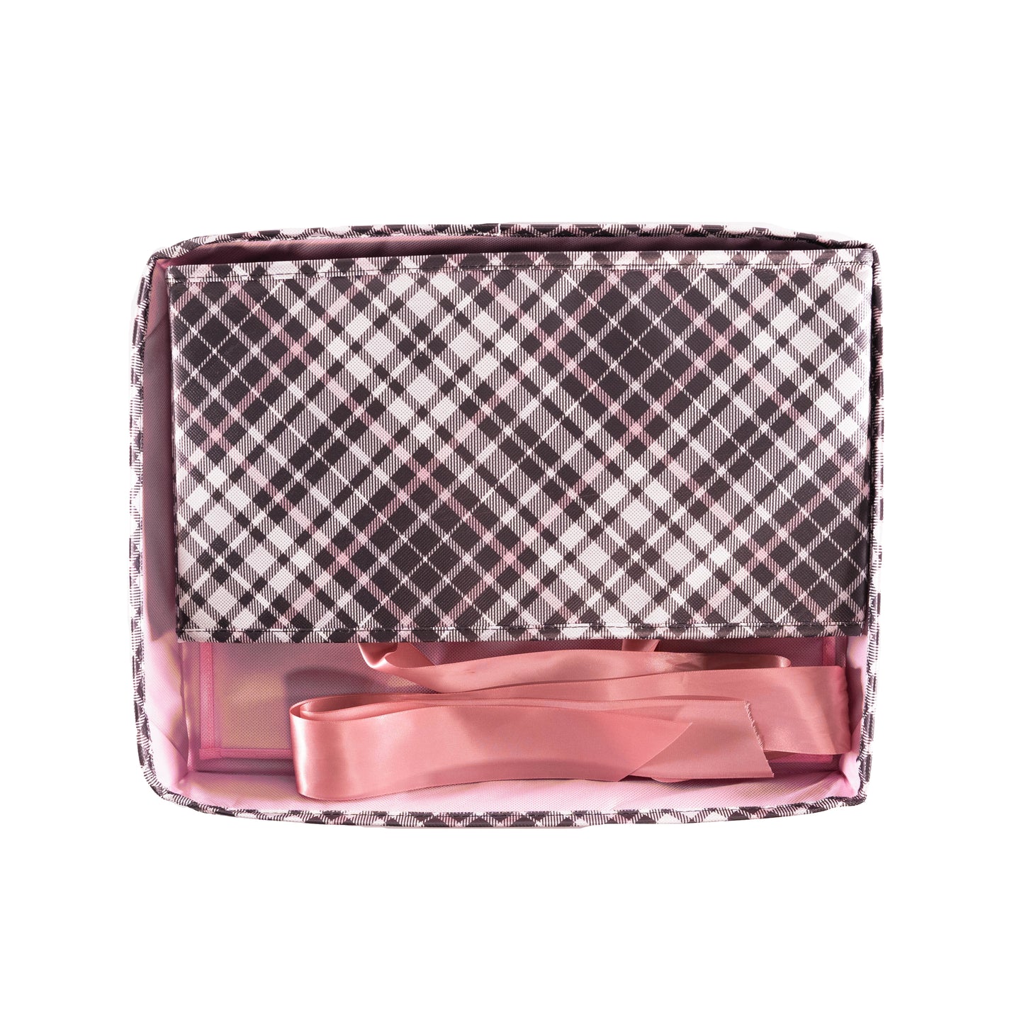 Medium Heavy-Duty Extra Strong pink and grey plaid collapsible gift box with satin ribbon attached, great zero waste solution for sustainable and eco-friendly gift boxes - EverWrap