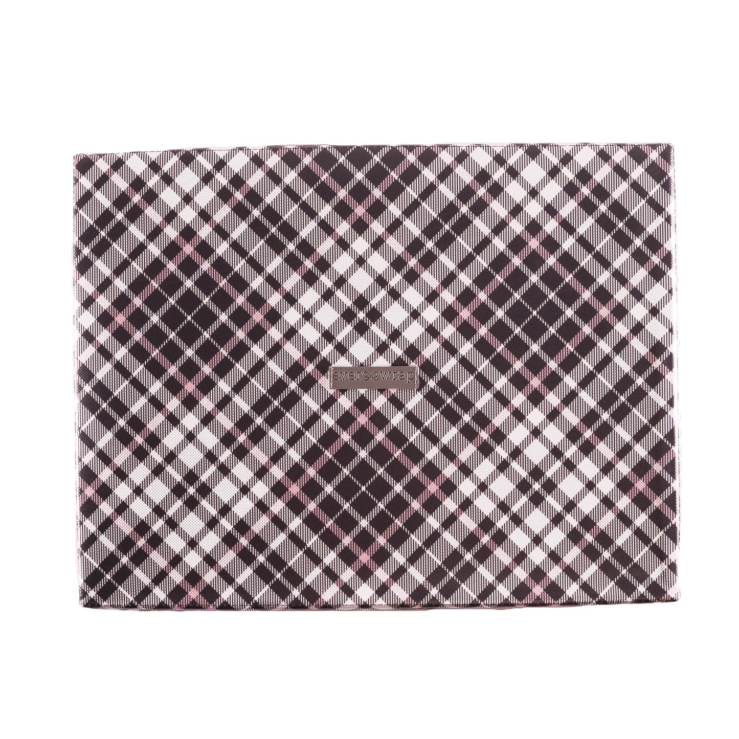 Medium Heavy-Duty Extra Strong pink and grey plaid collapsible gift box with satin ribbon attached, great zero waste solution for sustainable and eco-friendly gift boxes - EverWrap