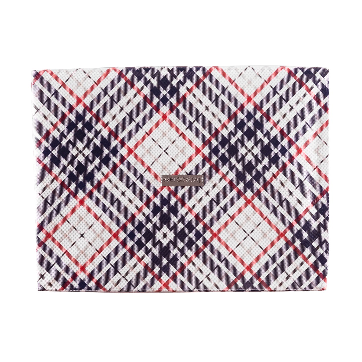IRREGULAR - Medium blue and red plaid collapsible gift box with satin ribbon attached, great zero waste solution for sustainable and eco-friendly gift boxes - EverWrap
