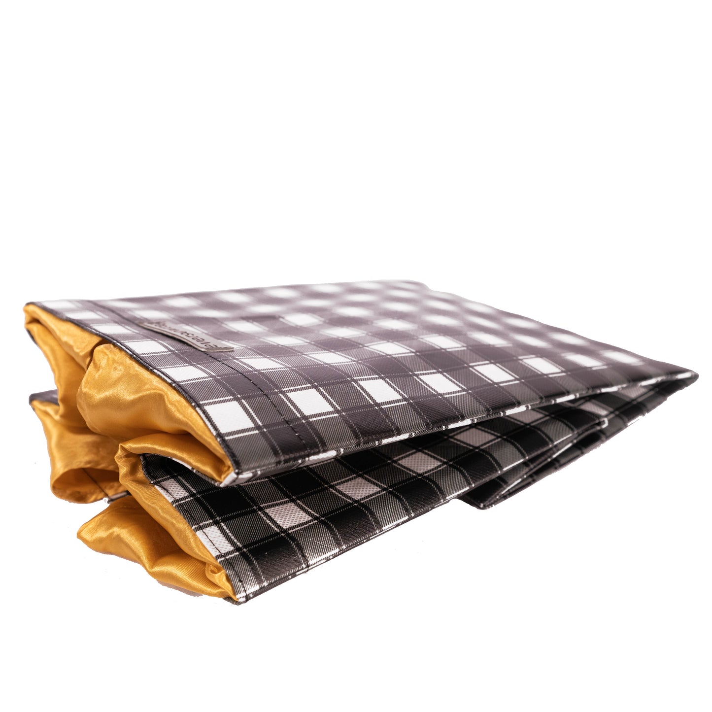 Black and White Buffalo Check with Gold Satin Bow, fold, store, and reseal with our reusable gift bag, satin closure makes for an eco-friendly gift bag - EverWrap