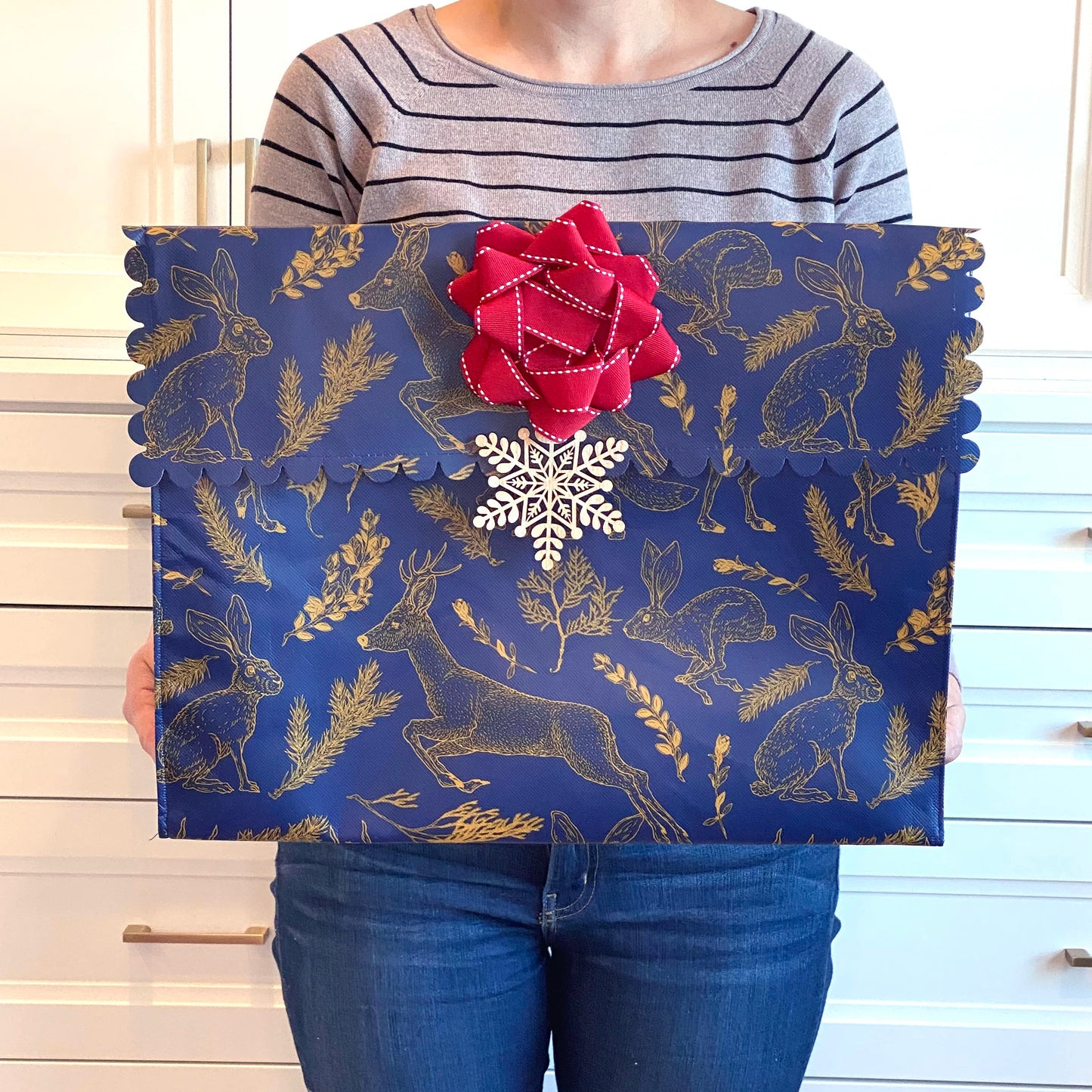 EverEnvelope: Large Navy Reusable Gift Bag with Forest Animals and Magnetic Closure