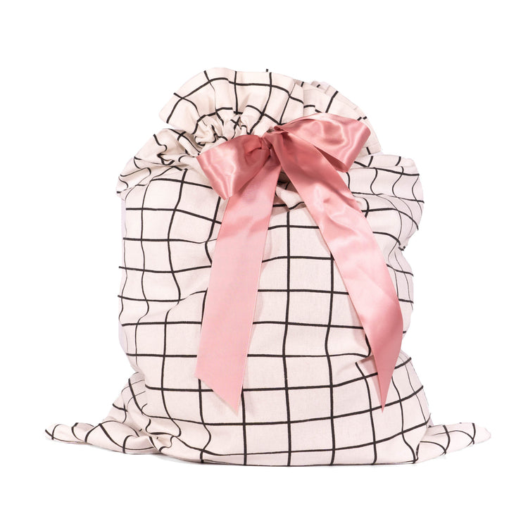 White with Black Grid Pattern Cotton Sleigh Bag 27" tall with satin closure, reusable wrapping for larger gifts - EverWrap