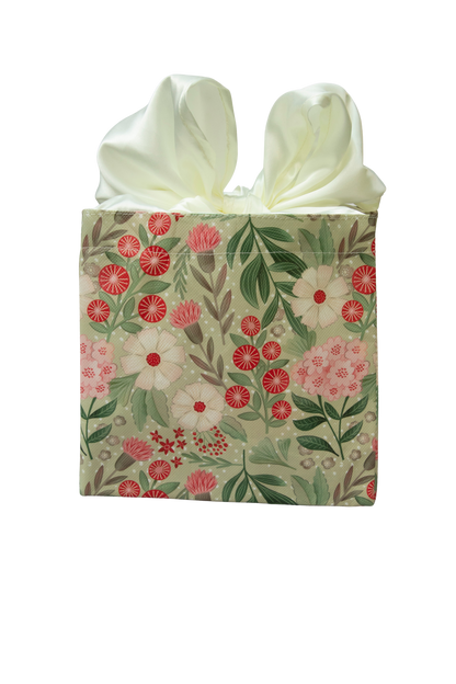 EverBag: Small Green Floral Print with Ivory Satin Bow