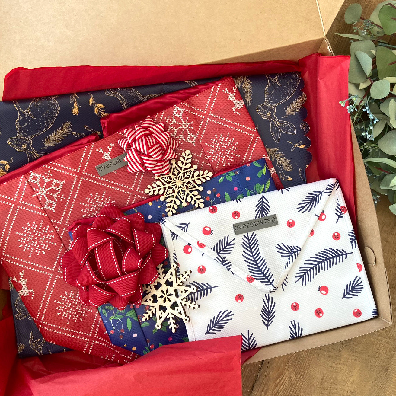 EverEnvelope Bundle of 10: Small Blue and Red Print Reusable Gift Bag with Magnetic Closure