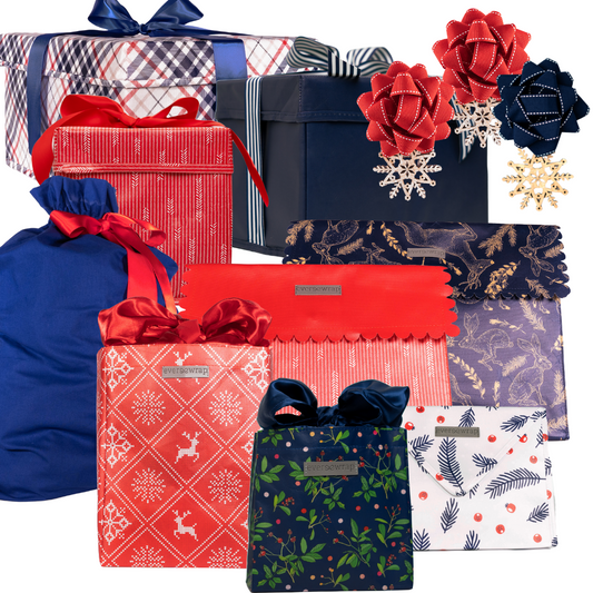 12-piece Extra Strong Reusable Gift Wrap Collection in Red, Blue and White, make your Christmas Zero-Waste and sustainable with reusable gift wrap that collapses and stores for use year after year
