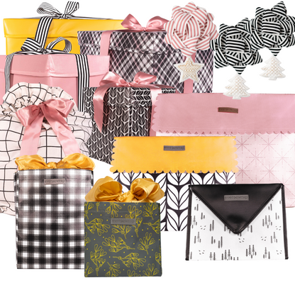 13-Piece Reusable Gift Wrap Sampler Pack in Pink, Gold, and Black (Reusable Gift Wrap Bags – Sustainable, Foldable, Eco-Friendly)