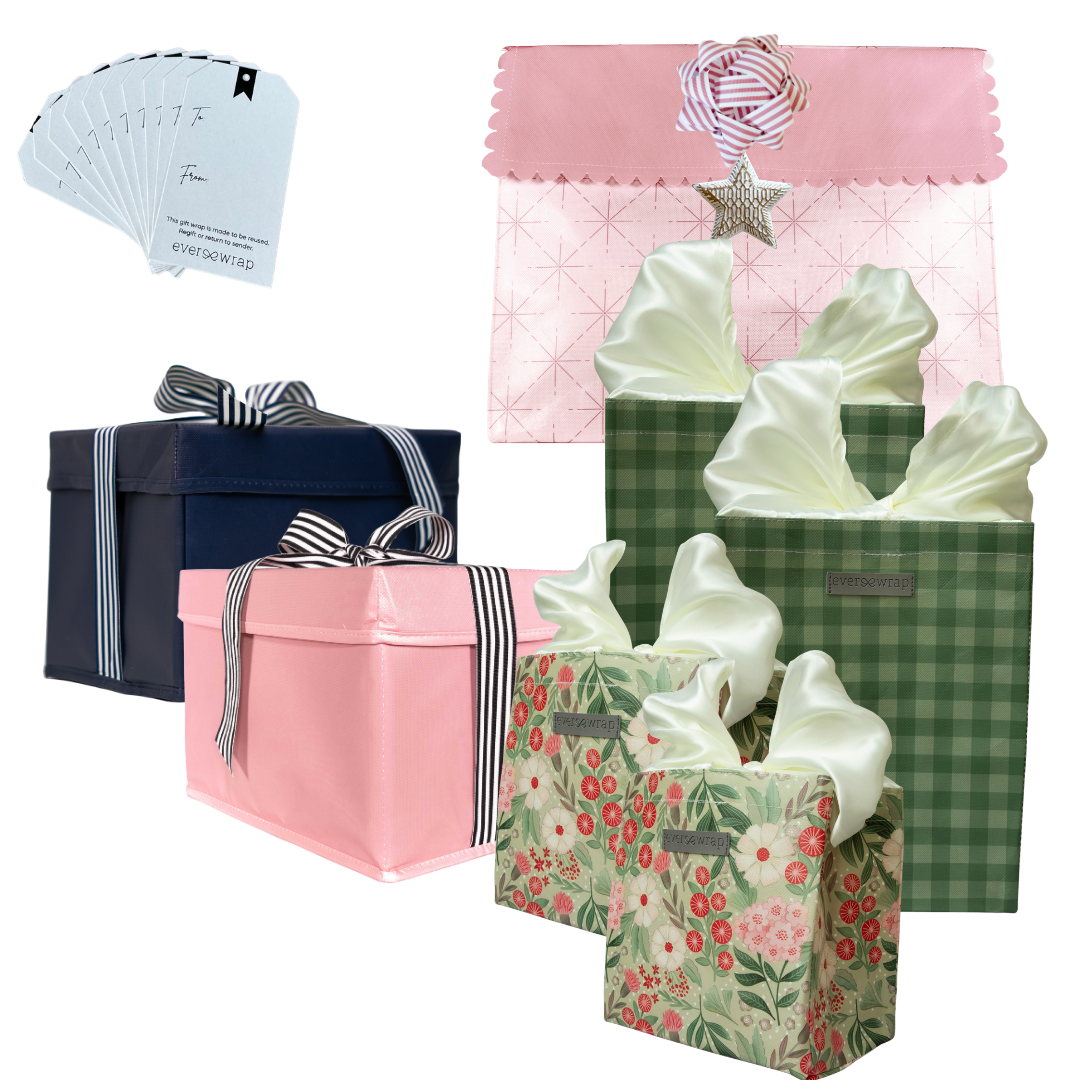 Medium Bundle: Reusable Gift Wrap Bags – Sustainable, Foldable, Eco-Friendly (Green and Pink)