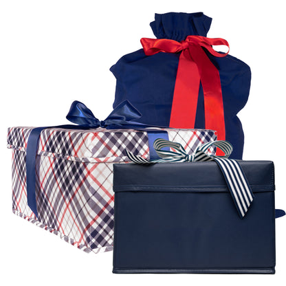 Navy Blue, Red, and Plaid designed reusable gift box self closing with Satin and Grossgrain Ribbon crafted with Non-Woven Laminate for long lasting use - EverWrap