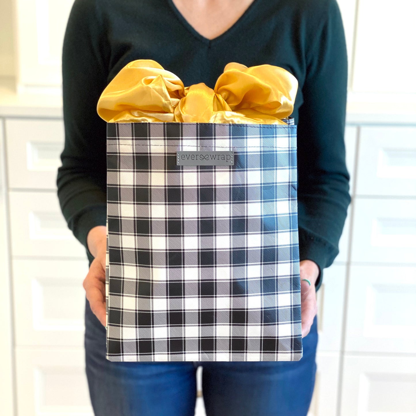 WHOLESALE QTY 15 Black and White Buffalo Check with Gold Satin Bow, fold, store, and reseal with our reusable gift bag, satin closure makes for an eco-friendly gift bag