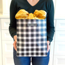 Load image into Gallery viewer, WHOLESALE QTY 15 Black and White Buffalo Check with Gold Satin Bow, fold, store, and reseal with our reusable gift bag, satin closure makes for an eco-friendly gift bag
