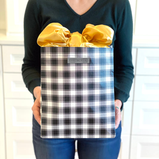 IRREGULAR - Black and White Buffalo Check with Gold Satin Bow, fold, store, and reseal with our reusable gift bag, satin closure makes for an eco-friendly gift bag
