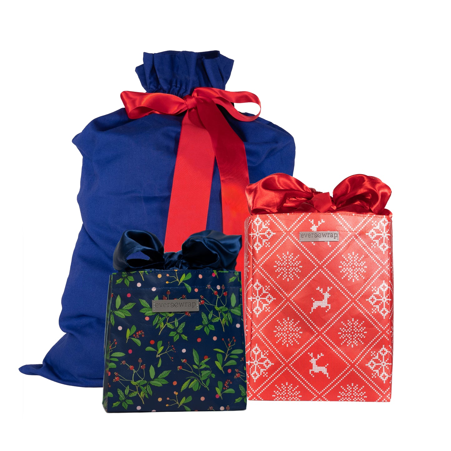 Red, Blue, Green, & White solid colored and Wintery design Eco-Friendly Gift Bags and Gift Sacks Bundle and Save - EverWrap