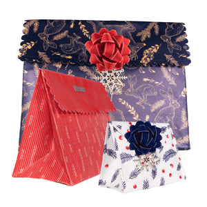 Navy Blue & Gold, Red & White Wintry prints with Woodland Animlas , Feathers and Berries are the perfect Gift Bag for Fall and Winter Celebrations - EverWrap