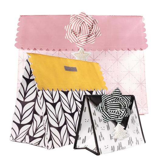 Black and White Tulips or Pine Trees with Pops of Yellow and Pink Earth Friendly Gift Bags with Magnetic Closure and two reusable grosgrain Gift Bows with interchangable charms - EverWrap