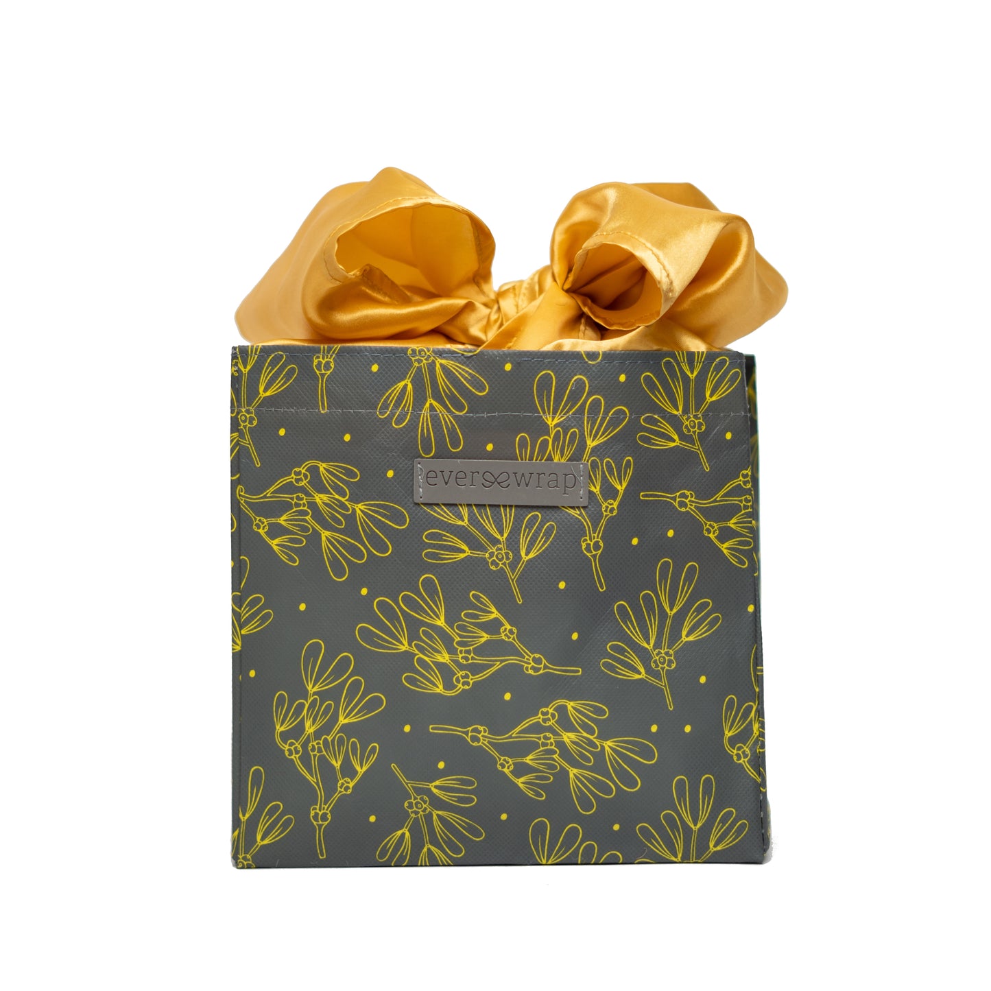 Grey and Gold Floral Print Small Reusable Gift Bag with Gold Satin Bow Collapsible Bag Heavy Duty for Zero Waste Reusability For Every Holiday - EverWrap