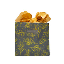 Load image into Gallery viewer, Grey and Gold Floral Print Small Reusable Gift Bag with Gold Satin Bow Collapsible Bag Heavy Duty for Zero Waste Reusability For Every Holiday - EverWrap
