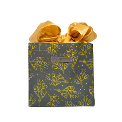 IRREGULAR - Grey and Gold Floral Print Small Reusable Gift Bag with Gold Satin Bow Collapsible Bag Heavy Duty for Zero Waste Reusability For Every Holiday - EverWrap