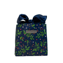Load image into Gallery viewer, Blue Reusable gift bag, Berry and Green Foliage with Royal Blue Satin Bow makes storing and reusing this gift bag an easy sustainable zero-waste choice - EverWrap
