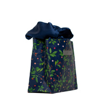 Load image into Gallery viewer, Blue Reusable gift bag, Berry and Green Foliage with Royal Blue Satin Bow makes storing and reusing this gift bag an easy sustainable zero-waste choice - EverWrap
