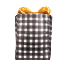 Load image into Gallery viewer, Black and White Buffalo Check with Gold Satin Bow, fold, store, and reseal with our reusable gift bag, satin closure makes for an eco-friendly gift bag - EverWrap

