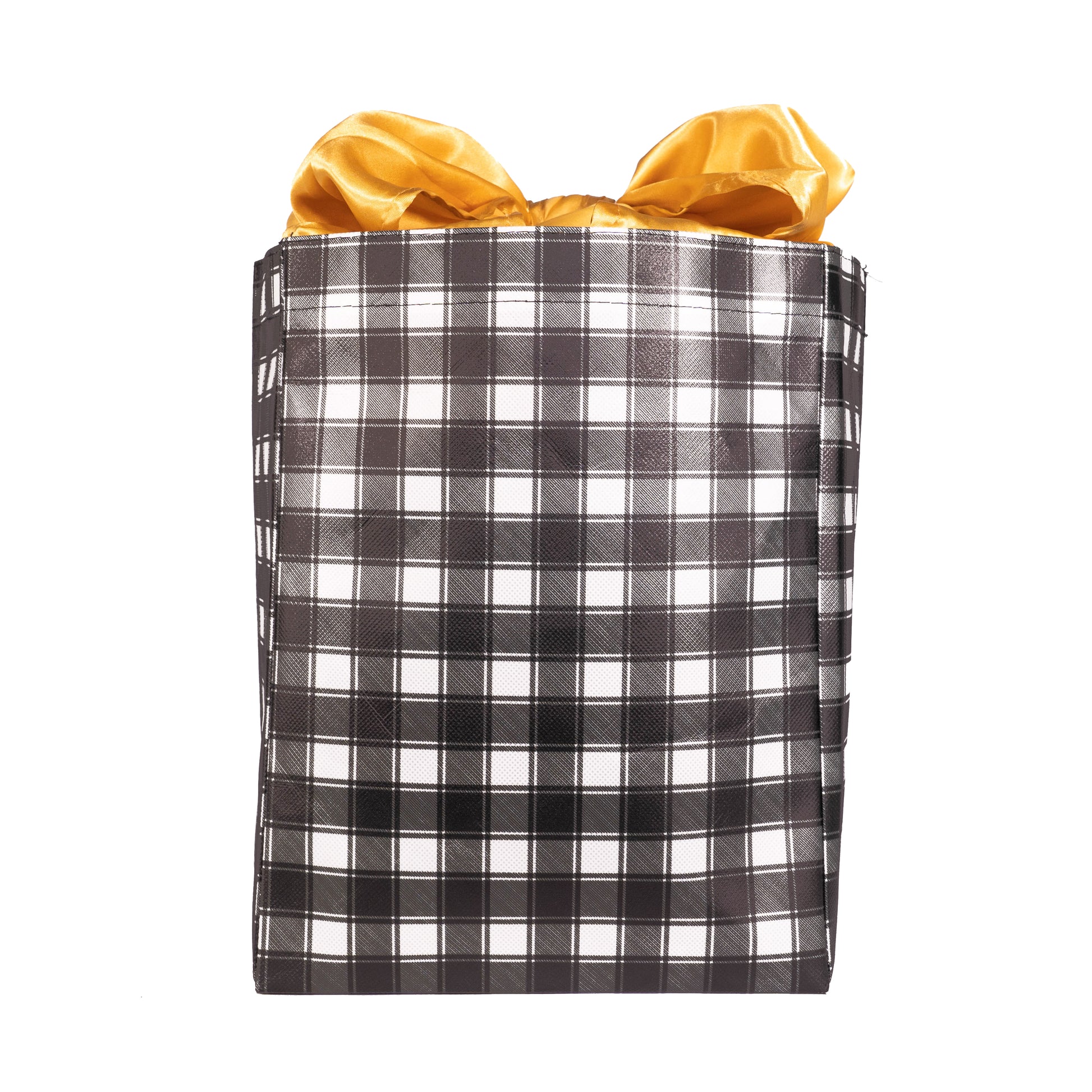 IRREGULAR - Black and White Buffalo Check with Gold Satin Bow, fold, store, and reseal with our reusable gift bag, satin closure makes for an eco-friendly gift bag - EverWrap