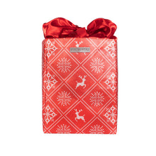 Load image into Gallery viewer, Holiday Red with Wintry Knitted Sweater Design fold, store, and reseal with our reusable gift bag, satin closure makes for an eco-friendly gift bag - EverWrap
