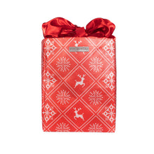 Load image into Gallery viewer, Holiday Red with Wintry Knitted Sweater Design fold, store, and reseal with our reusable gift bag, satin closure makes for an eco-friendly gift bag - EverWrap
