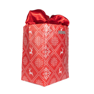 Holiday Red with Wintry Knitted Sweater Design fold, store, and reseal with our reusable gift bag, satin closure makes for an eco-friendly gift bag - EverWrap