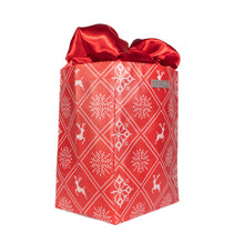 Load image into Gallery viewer, Holiday Red with Wintry Knitted Sweater Design fold, store, and reseal with our reusable gift bag, satin closure makes for an eco-friendly gift bag - EverWrap
