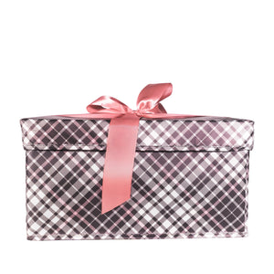 Medium Heavy-Duty Extra Strong pink and grey plaid collapsible gift box with satin ribbon attached, great zero waste solution for sustainable and eco-friendly gift boxes - EverWrap