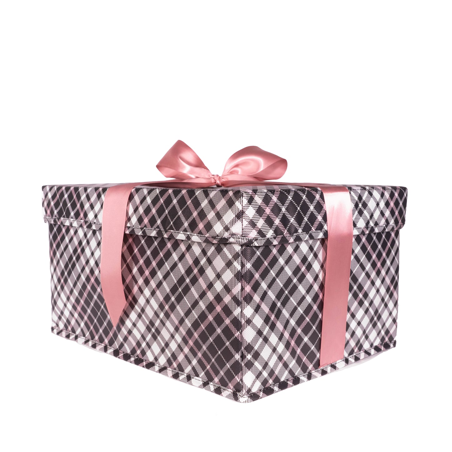 Medium Heavy-Duty Extra Strong pink and grey plaid collapsible gift box with satin ribbon attached, great zero waste solution for sustainable and eco-friendly gift boxes - EverWrap