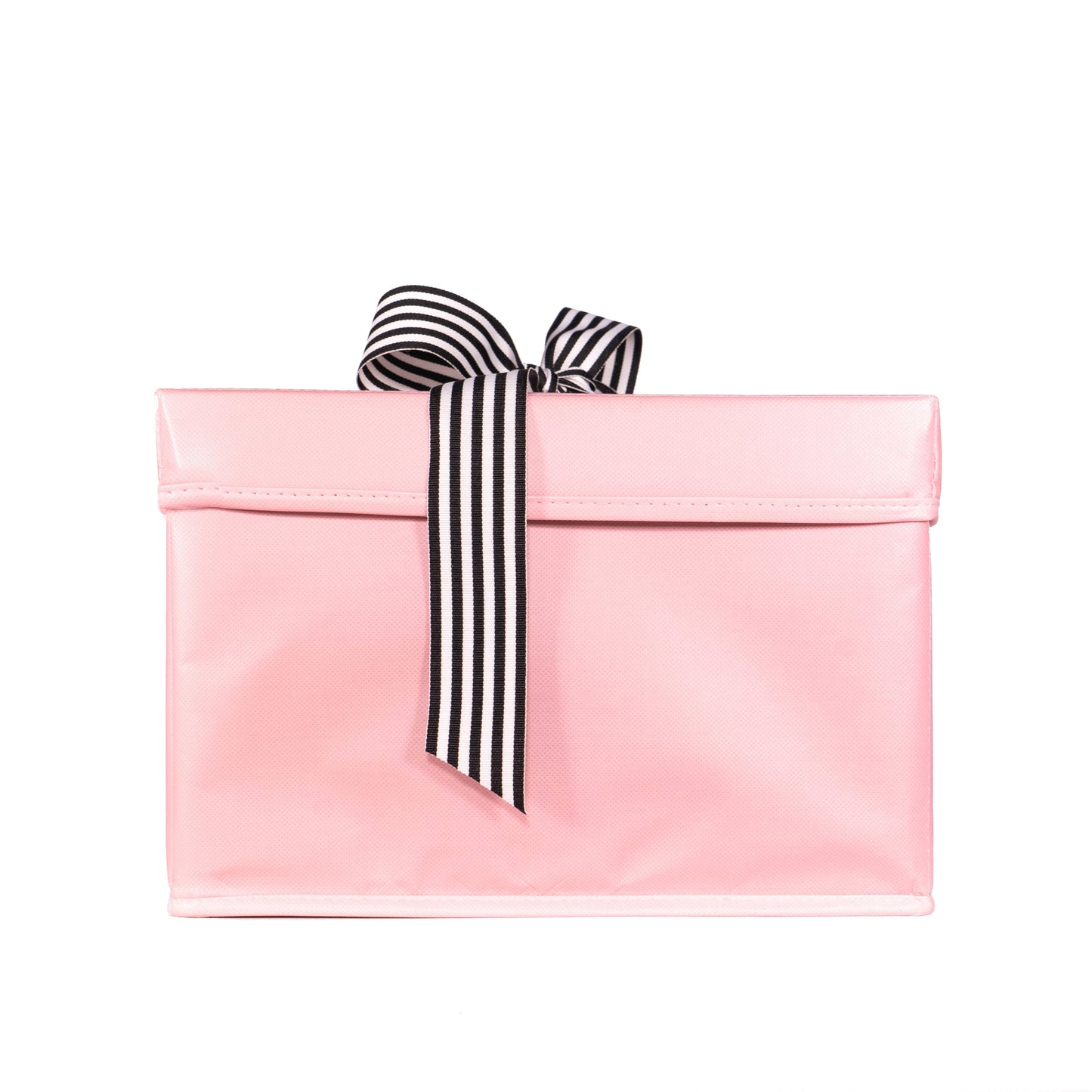 Small shoebox sized pink collapsible gift box with black and white grosgrain ribbon attached, great zero waste solution for sustainable and eco-friendly gift boxes - EverWrap