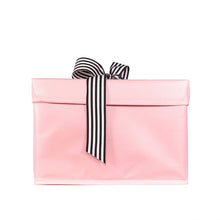 Load image into Gallery viewer, Small shoebox sized pink collapsible gift box with black and white grosgrain ribbon attached, great zero waste solution for sustainable and eco-friendly gift boxes - EverWrap
