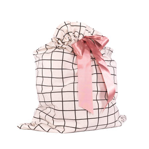 White with Black Grid Pattern Cotton Sleigh Bag 27" tall with satin closure, reusable wrapping for larger gifts - EverWrap