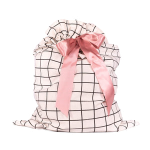 White with Black Grid Pattern Cotton Sleigh Bag 27" tall with satin closure, reusable wrapping for larger gifts - EverWrap