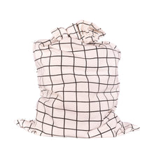 Load image into Gallery viewer, White with Black Grid Pattern Cotton Sleigh Bag 27&quot; tall with satin closure, reusable wrapping for larger gifts - EverWrap
