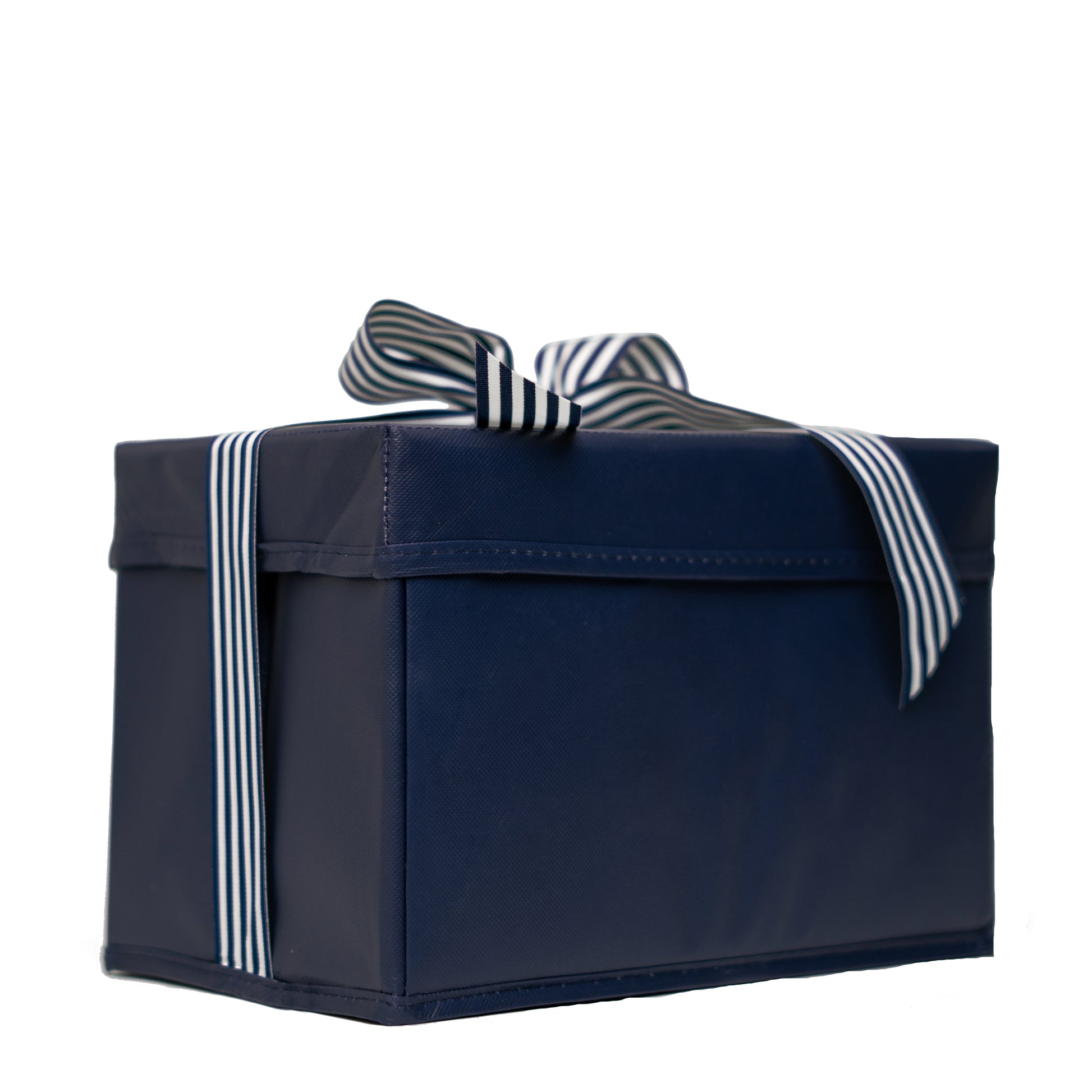 Small Shoebox-Sized Blue Collapsible Gift Box with ribbon attached, great zero waste solution for sustainable and eco-friendly gift boxes - EverWrap