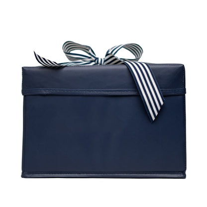 Small Shoebox-Sized Blue Collapsible Gift Box with ribbon attached, great zero waste solution for sustainable and eco-friendly gift boxes - EverWrap